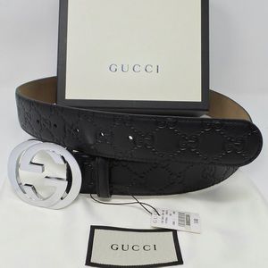 New Black Leather Gucci Belt Silver Buckle Classic